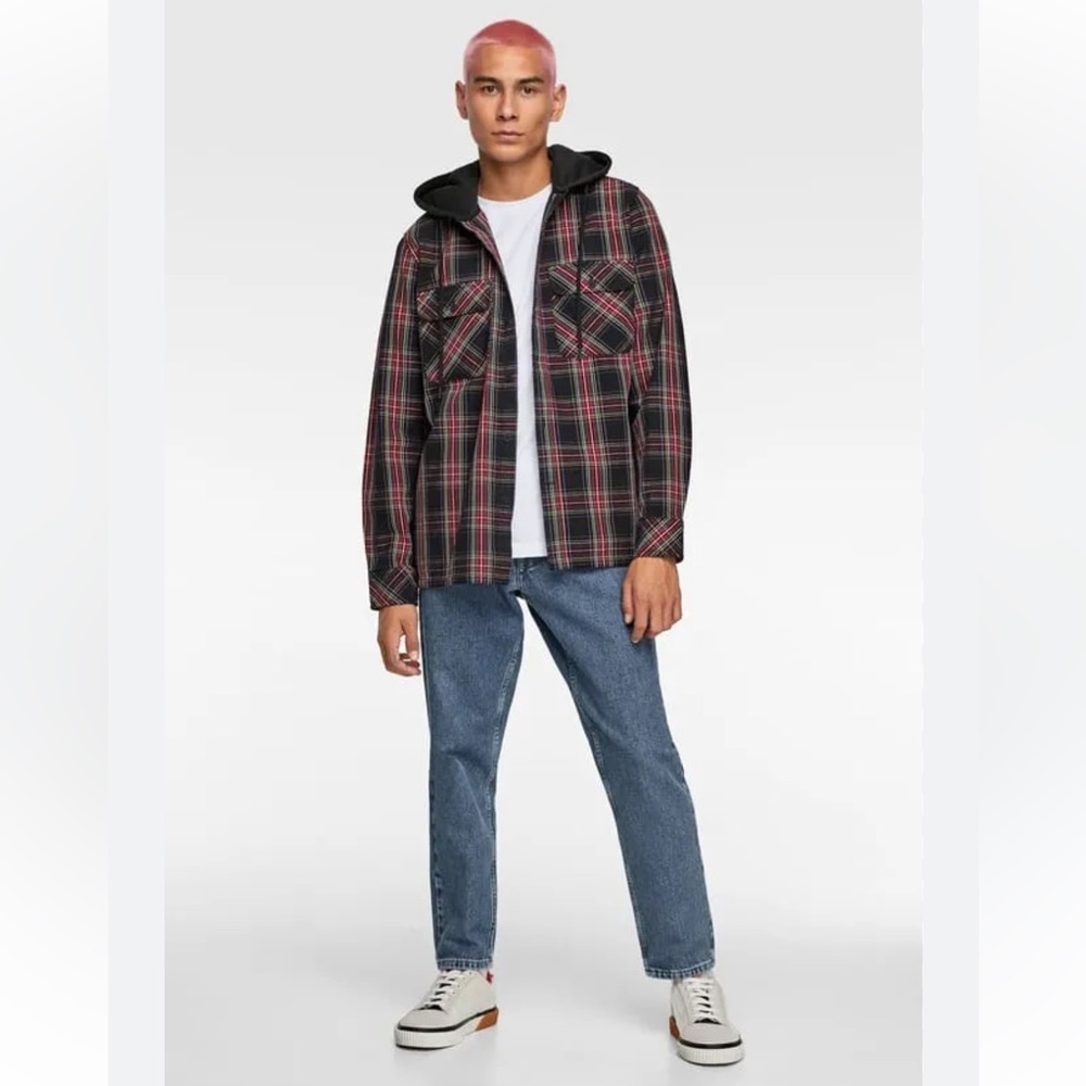 Zara Men’s Panel Plaid Shacket Hoodie Jacket Size M